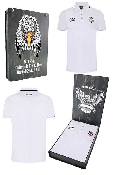 Beşiktaş تي شيرت أبيض أصلي مرخص برقبة بولو Bjk Eagle مطبوع مع صندوق خشبي للهدايا