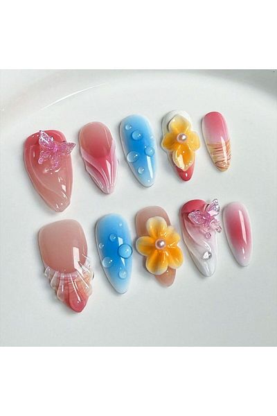 Choice S Handmade Press on Nails Ins Sweet 3D Hand-carved Flower Design Fake Nails Wearable Detachable Ova.