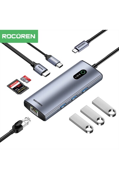 Rocoren 8 Portlu 4K 30Hz Gigabit Ethernet SD TF Kart Okuyuculu 3*USB3.0 PD 10...