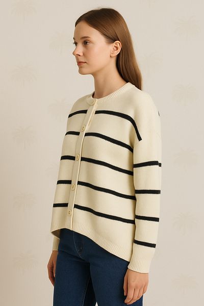 ASEZ BUTİK Women's Cream-Black Striped Buttoned Knitwear Cardigan