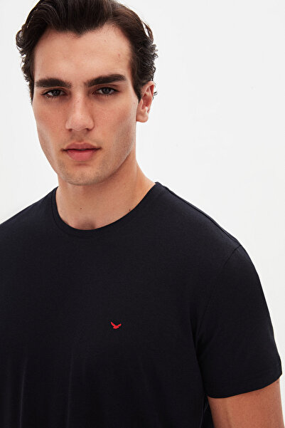 D'S Damat Ds Damat Regular Fit Siyah Düz Nakışlı %100 Pamuk T-Shirt