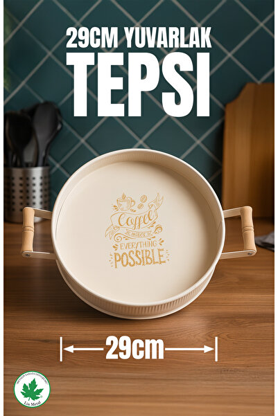 LİNMETAL Bellis 29 cm Yuvarlak Metal Tepsi, Desenli Çay Tepsisi, Sunum Tepsis...