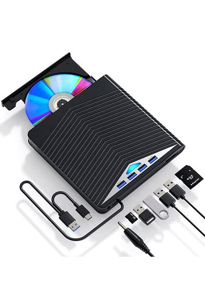 Axeloni ® 366 External DVD CD RW Drive, USB-C Hub, SD Reader, Burner for Win10, Laptop, PC