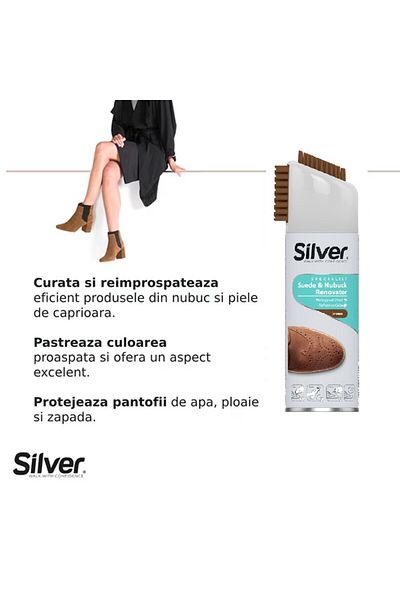 Silver Kit pentru încălțăminte nubuk/piele întoarsă: spumă, spray maro impermeabilizant, deodorant