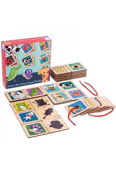 sallma Joc de asociere cu umbre, 4 in 1, snuruit cu animale din lemn, Montessori