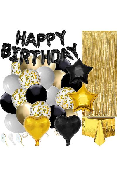 SERSIMO Set 46 baloane si decoratiuni, Happy Birthday, incluse fata de masa si perdea negru auriu