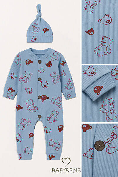 BABYDEN'S Erkek Bebek Mavi Ayıcık Desenli %100 Pamuklu Fitilli Ribana Düğmeli Tulum Şapka Takımı Manşetli Paça