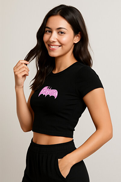 offsidesign Tricou crop scurt pentru femei Batgirl, design roz, imprimat, din...