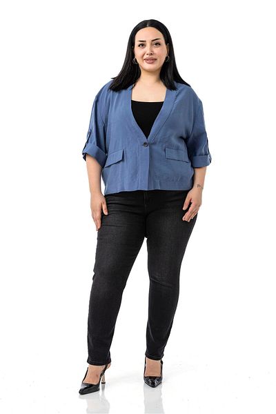 DISENTIS MODEST Plus Size One Button Short Indigo Jacket with Low Half Sleeves Epaulets Pockets
