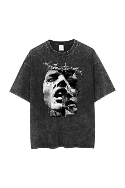 1blood Tricou unisex cu imprimeu FACE, lavabil, învechit