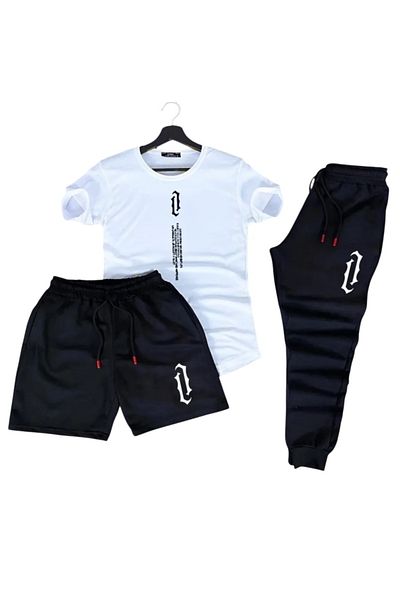 SAAT TEKSTİL Saat Textile Vertical Printed Track Shorts T-Shirt 3-Piece Set