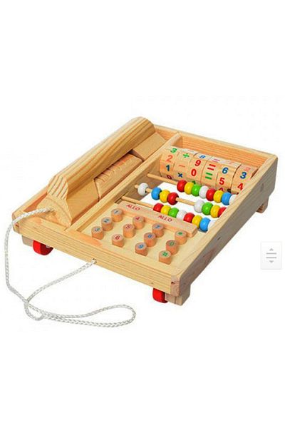 sallma Telefon de jucarie din lemn, Montessori, multifunctional cu abac si operatii matematice
