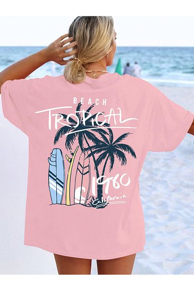 aynewmoda Casual loose round neck long sleeve palm tree b Printed summer t-shirt for women