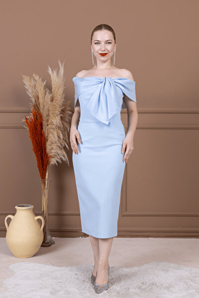 BEYBOS Atlas Kumaş Yakası Kurdale Detaylı Kalem Elbise - BEBE MAVİSİ