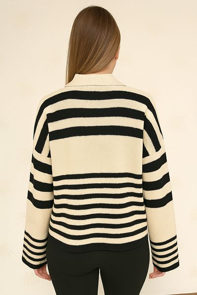 ASEZ BUTİK Striped Buttoned Polo Neck Knitwear Cardigan - Black Cream