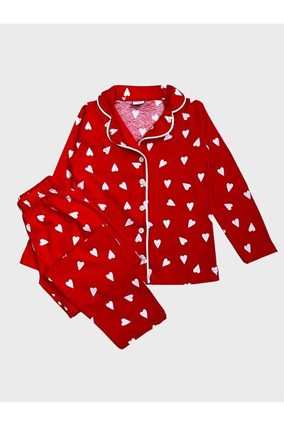 tusem butik homewear Girls' 100% Cotton Red Heart Pattern Shirt Collar Button-Down Long Sleeve Pajamas Set