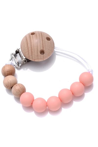 SARALMA Lantisor cu bile din silicon si lemn , clips pentru agatat suzeta sau jucaria, roz, fara BPA