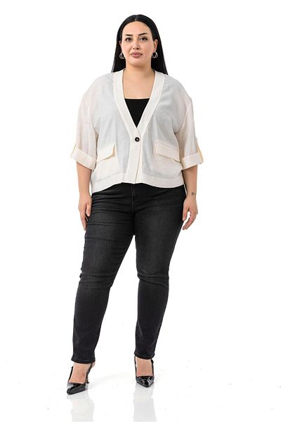 DISENTIS MODEST Plus Size Single Button Short Beige Jacket with Low Half Sleeves Epaulettes Pockets