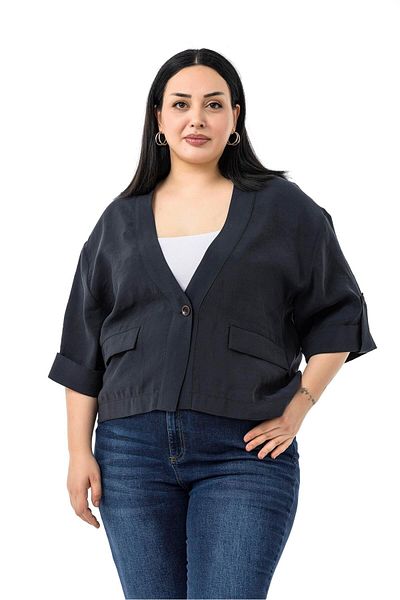 DISENTIS MODEST Plus Size One Button Short Black Jacket with Low Half Sleeves Epaulettes Pockets