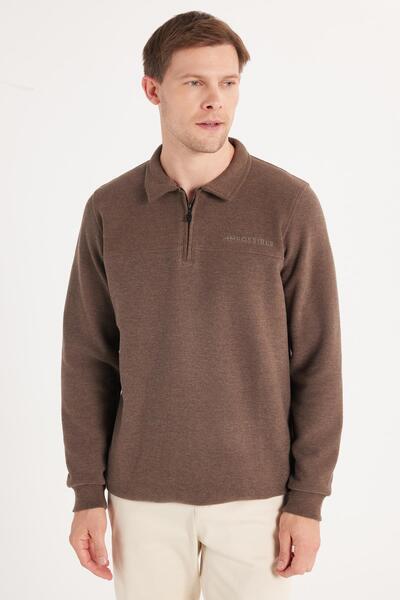 Tudors Men's Standard Fit Cotton Thessaloniki Fabric Half Zip Polo Neck Printed Tobacco Color Sweatshirt