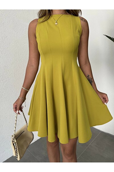 asfamoda Rochie mini plisată cu mâneci zero, verde ulei, pentru femei