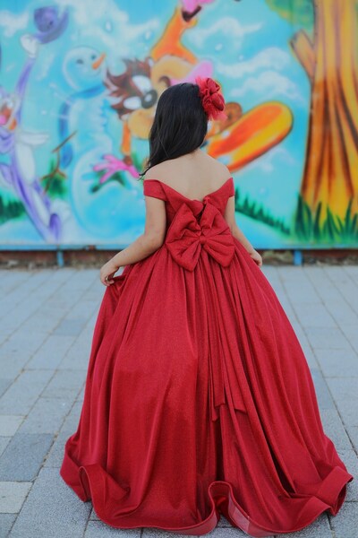 sara tasarım Glittery Kız Çocuk için Kırmızı Uzun Elbise Düğün Nişan için