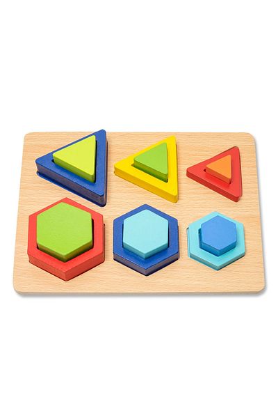 SARALMA Puzzle 3D Montessori din lemn cu forme geometrice colorate - 12 piese