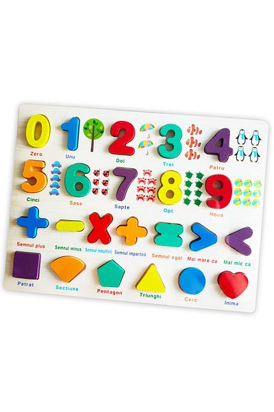 sallma Educational wooden puzzle, numbers, mathematical signs, geometric shapes, with meaning on the board, in