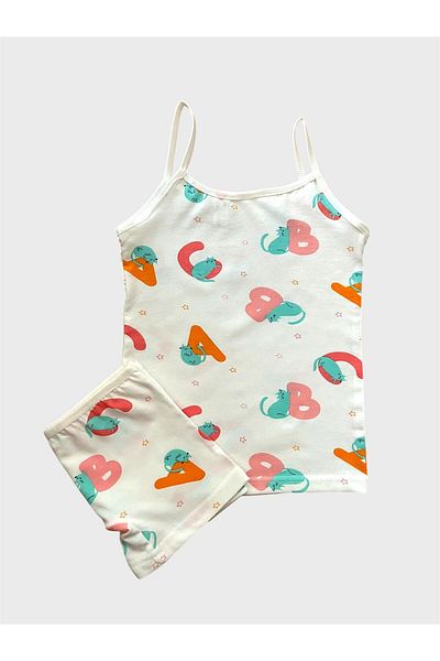 ALİŞ KİDS Girl's Cotton White Letter Patterned Tank Top Boxer Set