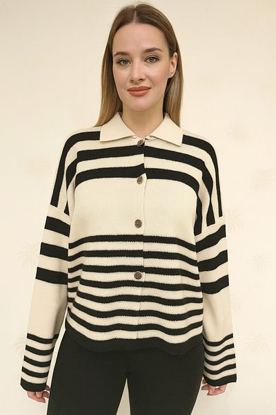 ASEZ BUTİK Striped Buttoned Polo Neck Knitwear Cardigan - Black Cream