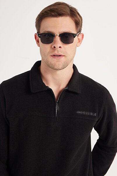 Tudors Мъжки стандартен фит от памук, плетен материал, поло с половин цип, черен суичър с принт.