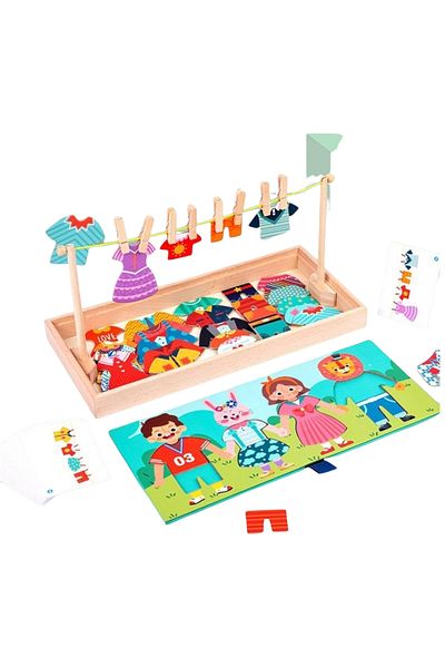 SARALMA Joc Puzzle Montessori din lemn, 2 in 1, imbraca familia si usuca hainele, 30 piese