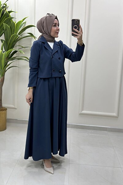 çınar özkan Kruvaze Yaka Ceket ve Kloş Etek Kadın İkili Takım İndigo CNR 2170