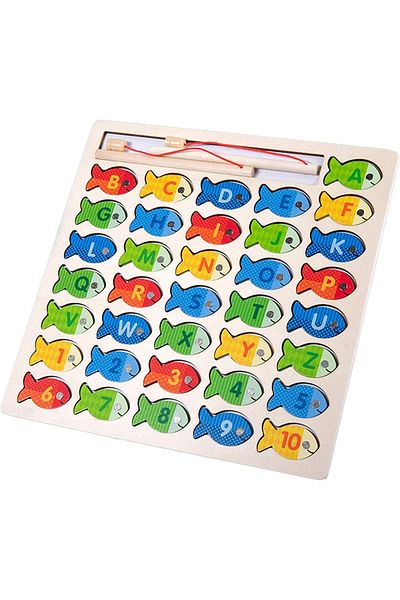 sallma Montessori wooden fishing game with magnet, interlocking puzzle, alphabet and numbers, 30 x 30 cm - 36 pieces