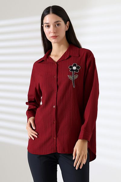 DEMET Ribbed Long Sleeve Durres Textured Flower Pearl Cool Fabric Women's Shirt