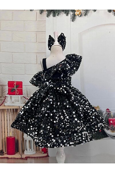 Nissa Siyah Payetli Tek Omuzlu Kız Çocuk Elbisesi