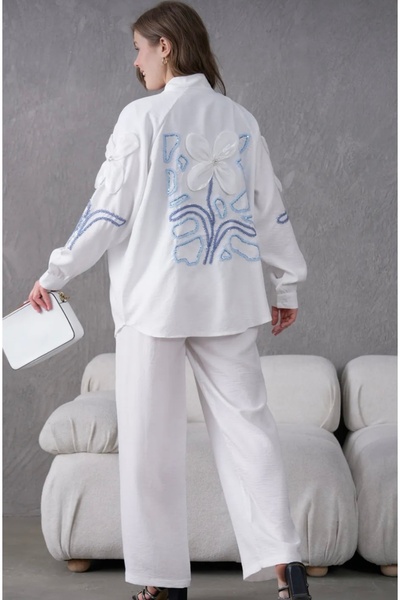 By-esq Women's Embroidered Stone Embroidered Floral Cotton Kimono Pants Double Suit