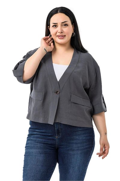 DISENTIS MODEST Plus Size Single Button Short Anthracite Jacket with Low Half Sleeves Epaulettes Pockets
