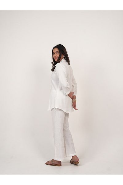 Lehar Ivory Grace Embroidered Co-Ord Set – White Cotton Kurta & Flared Pants