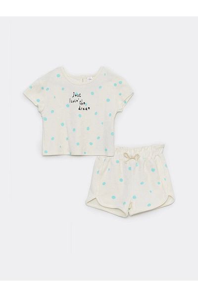 LC Waikiki LCW baby Ecru Crew Gât cu mânecă scurtă imprimat pentru fetiță Tricou și pantaloni scurți Set 2 buc