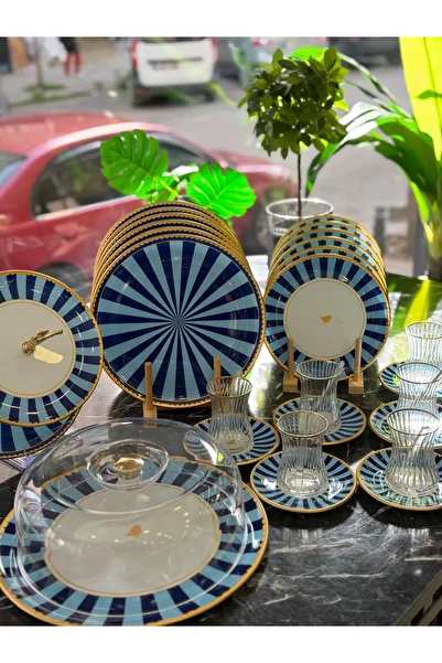 Onedekor 34 Piece Iwon Blue Gilded Cake Tea Serving Set for 6 People