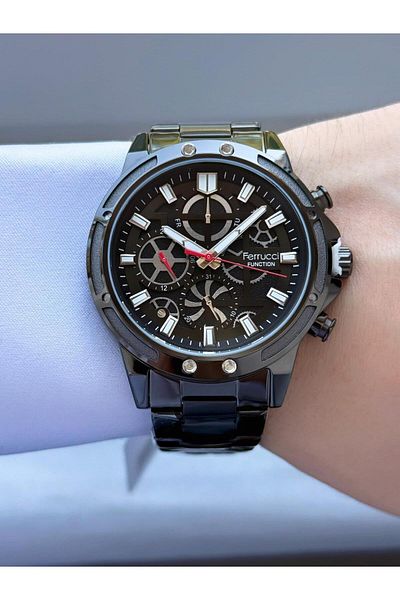 Ferrucci Function Men's Wristwatch Black Dial Red Detailed Black Metal Cord Sports Design