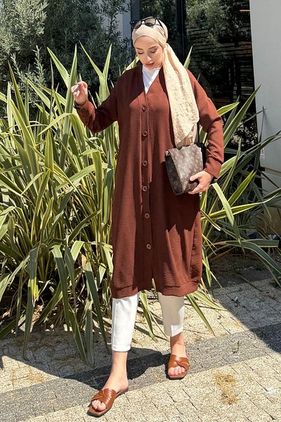 Tesettür Diyarı Women's Summer Aerobin Fabric Buttoned Tunic Cap Brown - Standard Size (38-44 Compatible)