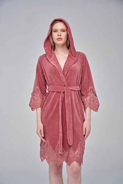 Nuşa Elegant Stylish Lace Niki Velvet Bamboo Cotton Dressing Gown