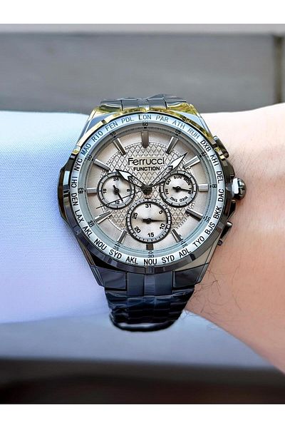 Ferrucci Function Men's Wristwatch Silver Dial World Urban Bezel Smoked Metal Band