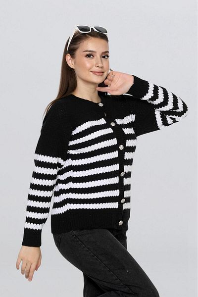 EZGİ KILINÇ Women's Striped Knitted Detailed Stone Buttoned Cardigan Tr1013