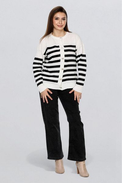 EZGİ KILINÇ Women's Striped Knitted Detailed Stone Buttoned Cardigan Tr1013