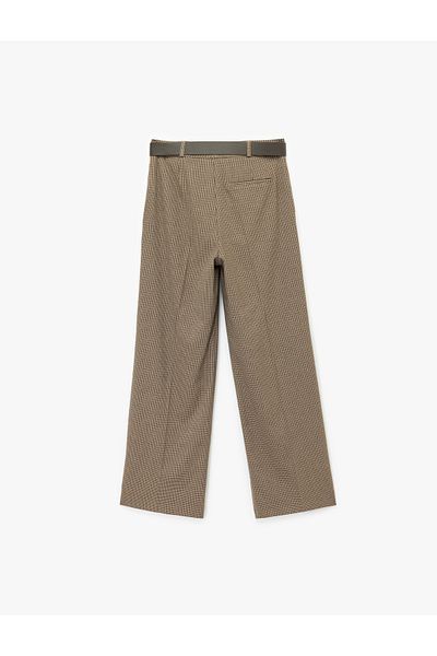 Koton Long Wide Leg Plaid Trousers with Pockets and Belt