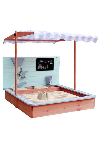 SERSIMO Ladita nisip din lemn cu baldachin reglabil, tablie de scris si moara de nisip, 120x120x120 cm, maro