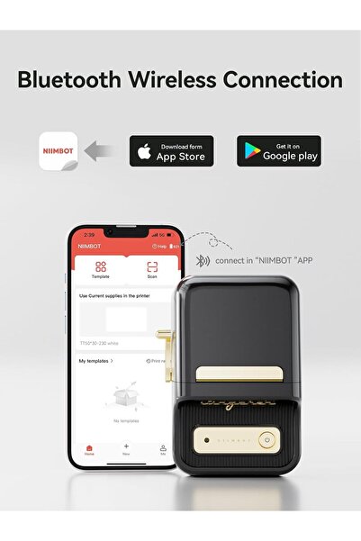 NiiMbot طابعة ملصقات حرارية محمولة B21 بدون حبر - تعمل مع أنظمة iOS وAndroid (أسود)